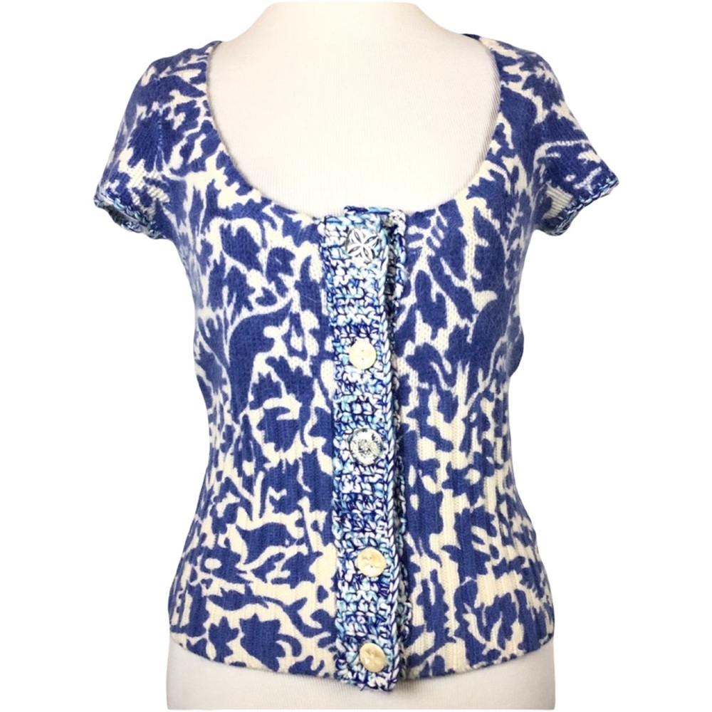 Free People Blue Ivory Cream Wool Blend Rabbit Hair Bird Leaf Cardigan Small